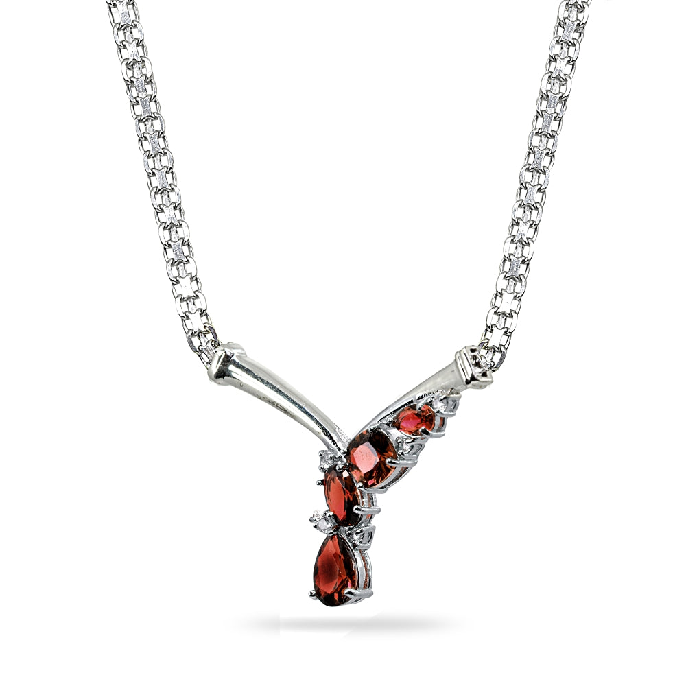 Sterling Silver Garnet & White Topaz Mesh Chain Statement Cocktail V Drop Necklace-2