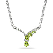 Sterling Silver Peridot & White Topaz Mesh Chain Statement Cocktail V Drop Necklace