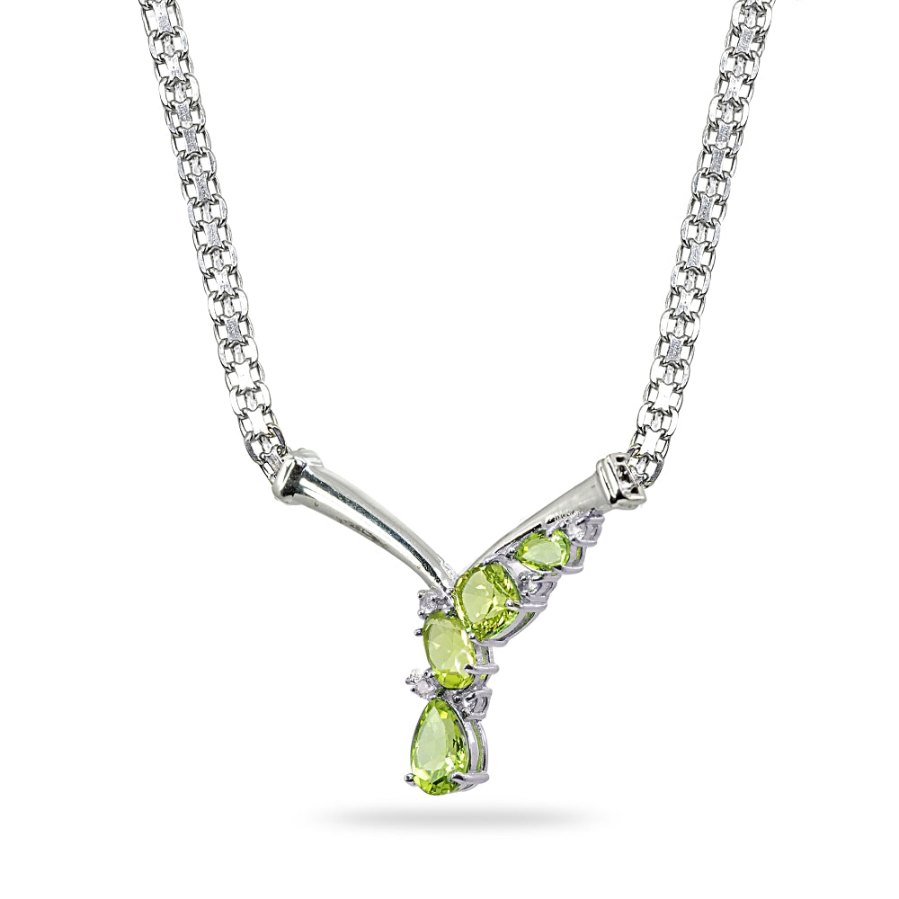 Sterling Silver Peridot & White Topaz Mesh Chain Statement Cocktail V Drop Necklace-2