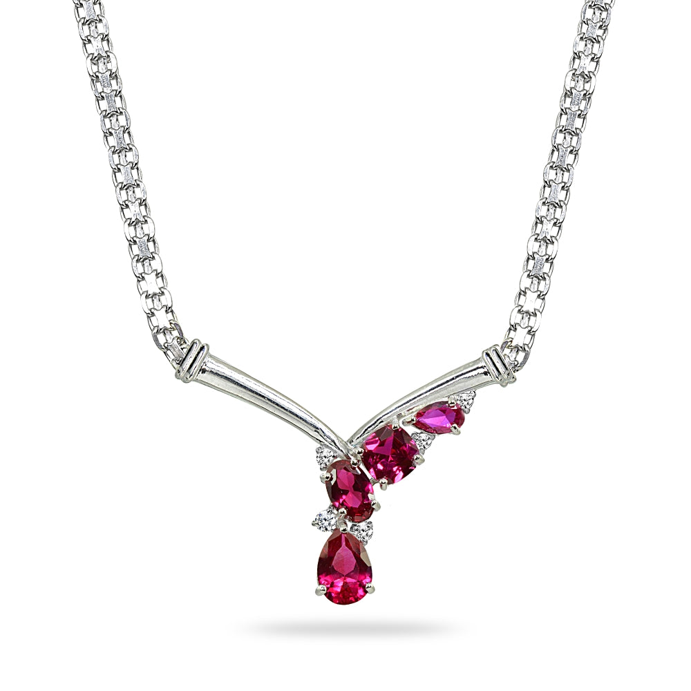 Sterling Silver Created Ruby & White Topaz Mesh Chain Statement Cocktail V Drop Necklace