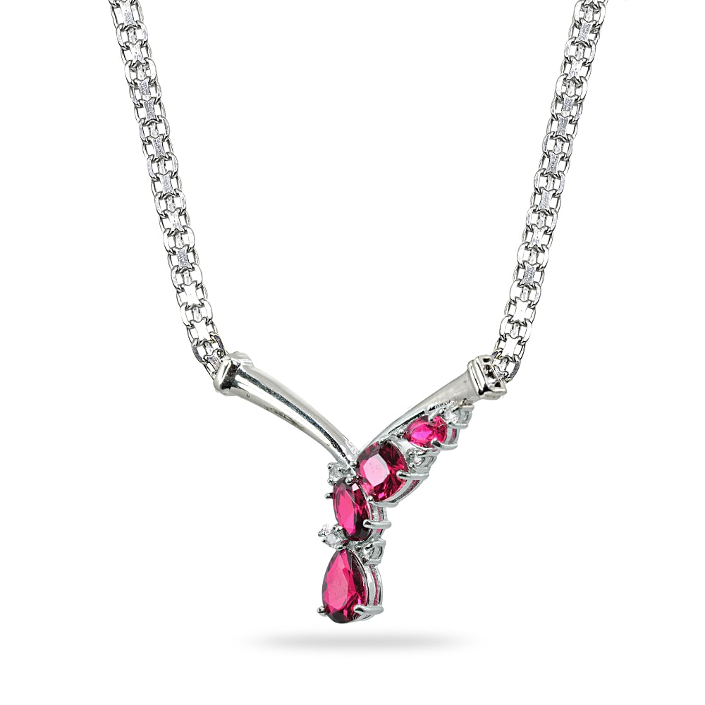 Sterling Silver Created Ruby & White Topaz Mesh Chain Statement Cocktail V Drop Necklace-2