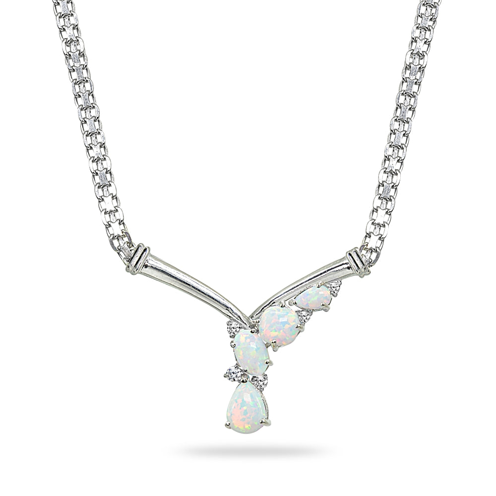 Sterling Silver Created White Opal & White Topaz Mesh Chain Statement Cocktail V Drop Necklace