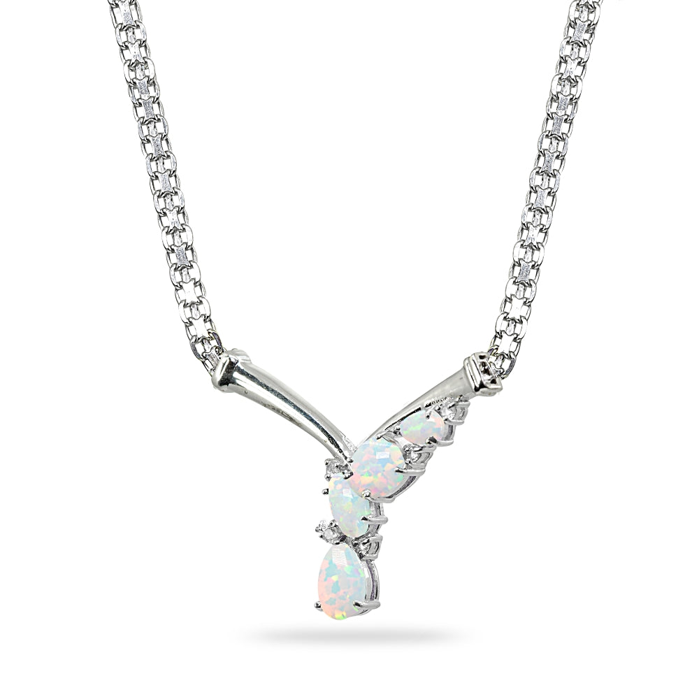 Sterling Silver Created White Opal & White Topaz Mesh Chain Statement Cocktail V Drop Necklace-2