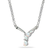 Sterling Silver Created White Opal & White Topaz Mesh Chain Statement Cocktail V Drop Necklace