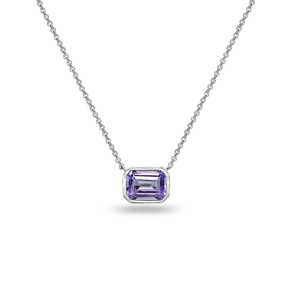 Sterling Silver Amethyst 8x6mm Octagon-Cut Bezel-Set Solitaire Dainty Choker Necklace