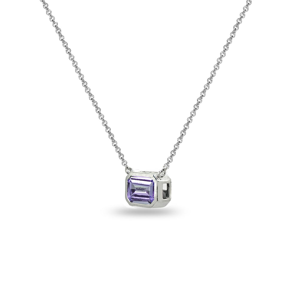 Sterling Silver Amethyst 8x6mm Octagon-Cut Bezel-Set Solitaire Dainty Choker Necklace-2