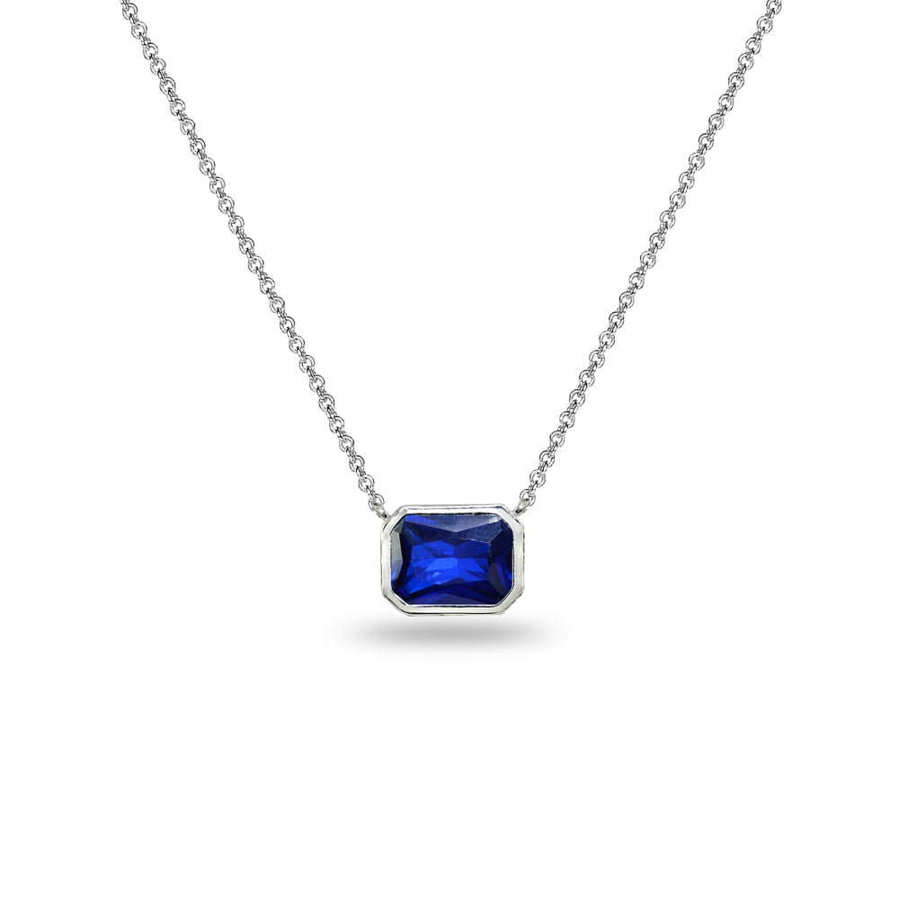 Sterling Silver Created Blue Sapphire 8x6mm Octagon-Cut Bezel-Set Solitaire Dainty Choker Necklace