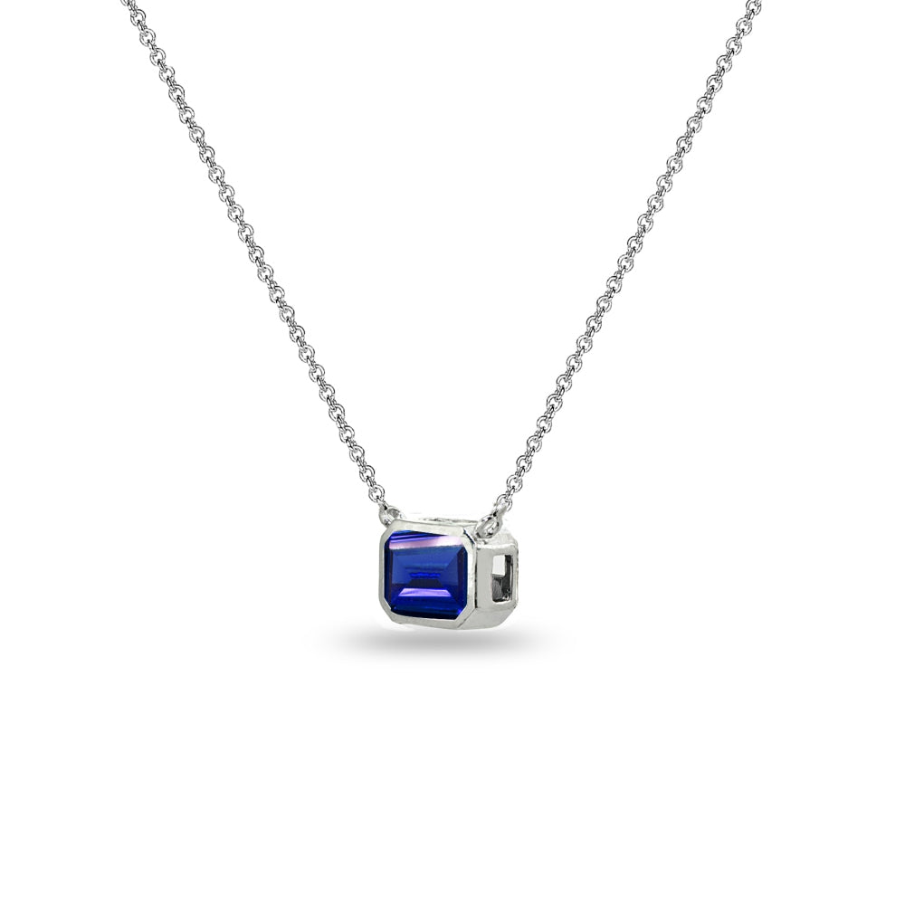 Sterling Silver Created Blue Sapphire 8x6mm Octagon-Cut Bezel-Set Solitaire Dainty Choker Necklace-2