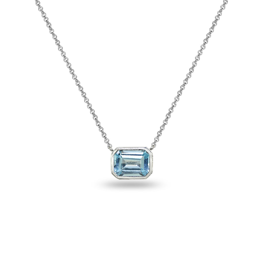 Sterling Silver Blue Topaz 8x6mm Octagon-Cut Bezel-Set Solitaire Dainty Choker Necklace