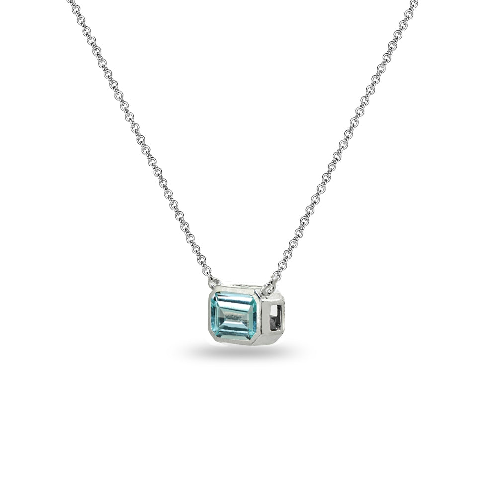 Sterling Silver Blue Topaz 8x6mm Octagon-Cut Bezel-Set Solitaire Dainty Choker Necklace-2