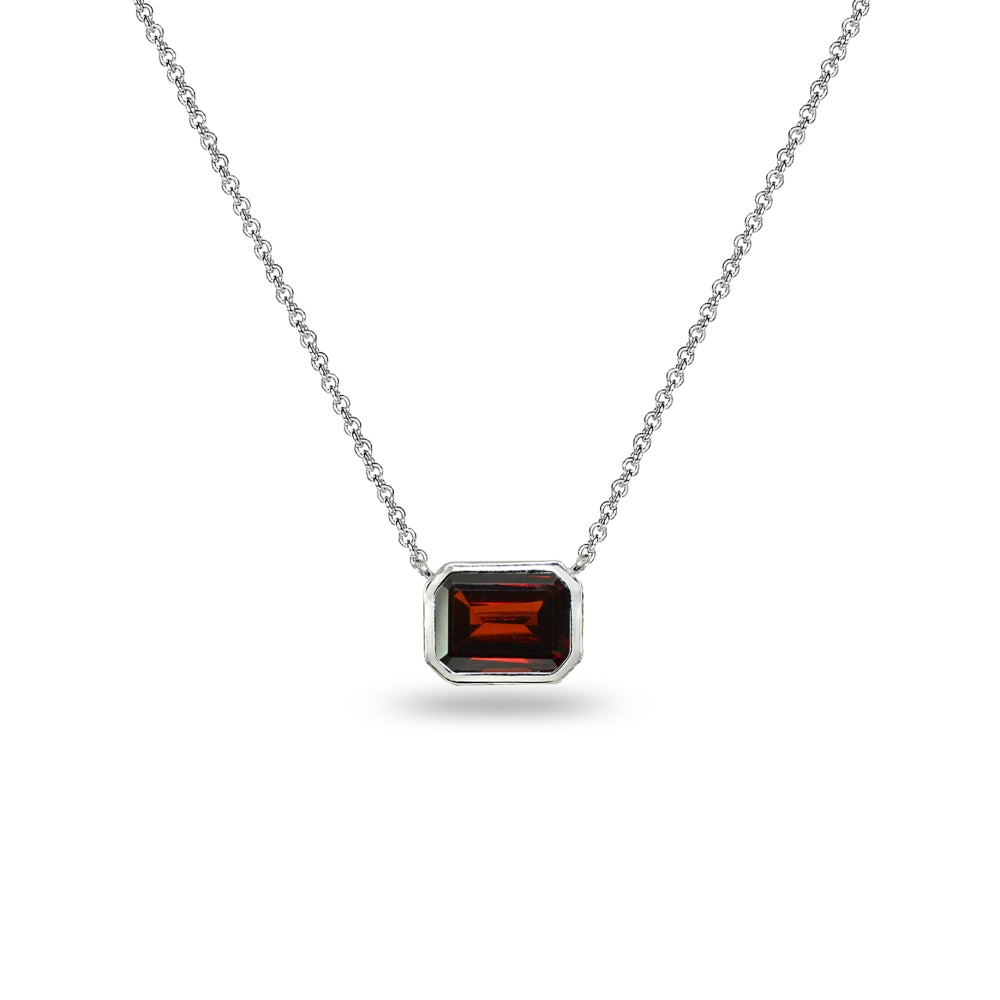 Sterling Silver Garnet 8x6mm Octagon-Cut Bezel-Set Solitaire Dainty Choker Necklace