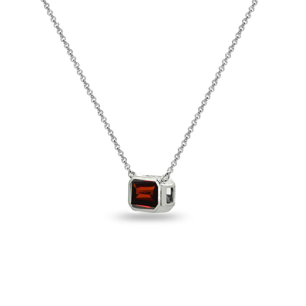 Sterling Silver Garnet 8x6mm Octagon-Cut Bezel-Set Solitaire Dainty Choker Necklace-2