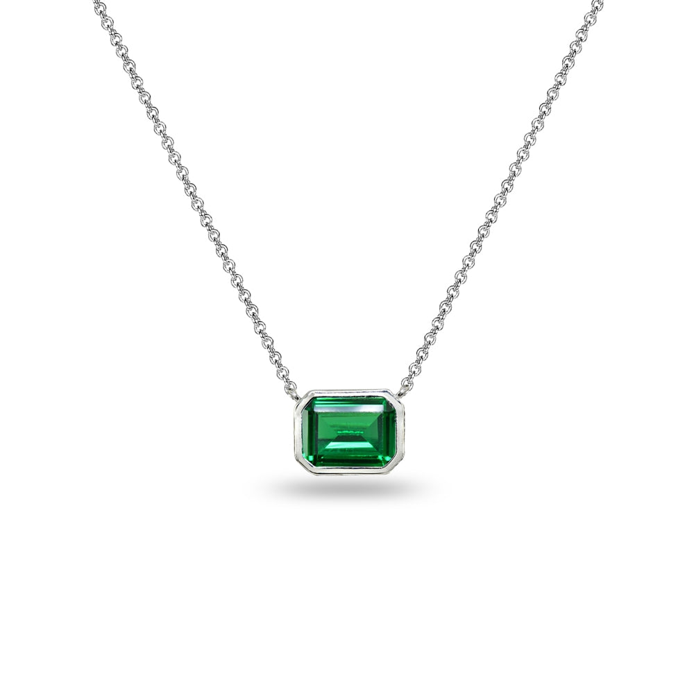 Sterling Silver Created Emerald 8x6mm Octagon-Cut Bezel-Set Solitaire Dainty Choker Necklace