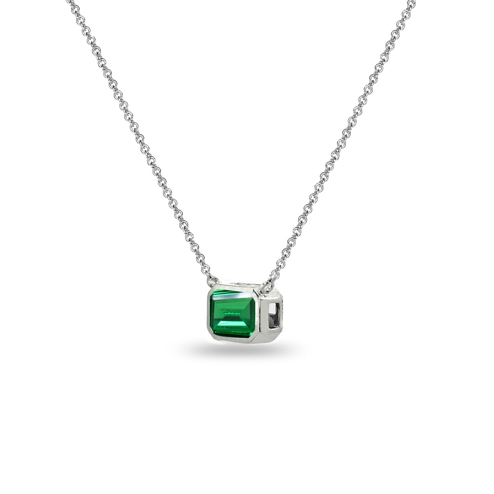 Sterling Silver Created Emerald 8x6mm Octagon-Cut Bezel-Set Solitaire Dainty Choker Necklace-2