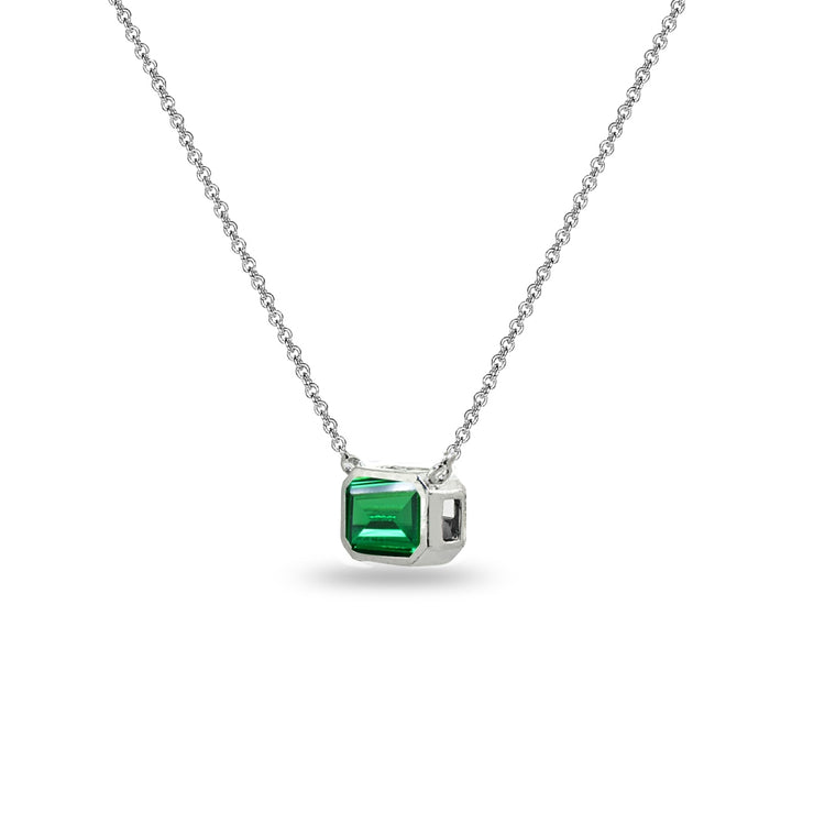 Sterling Silver Created Emerald 8x6mm Octagon-Cut Bezel-Set Solitaire Dainty Choker Necklace
