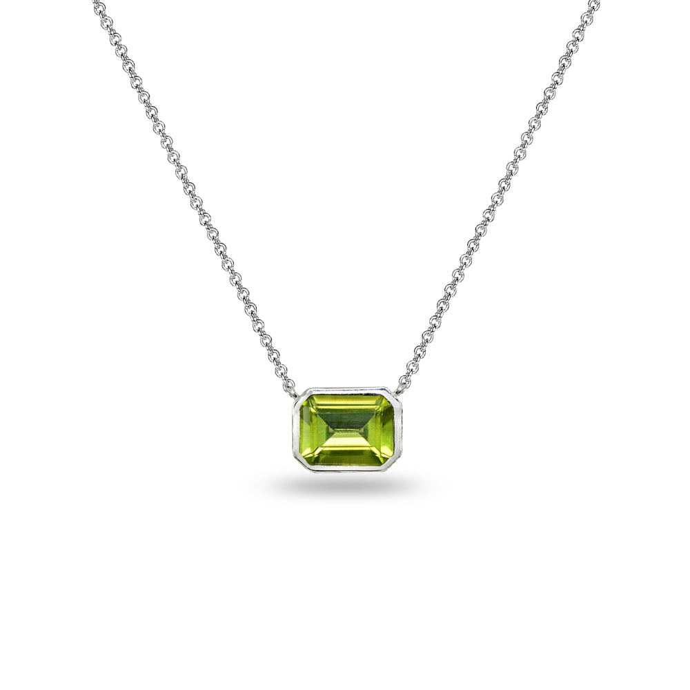Sterling Silver Peridot 8x6mm Octagon-Cut Bezel-Set Solitaire Dainty Choker Necklace