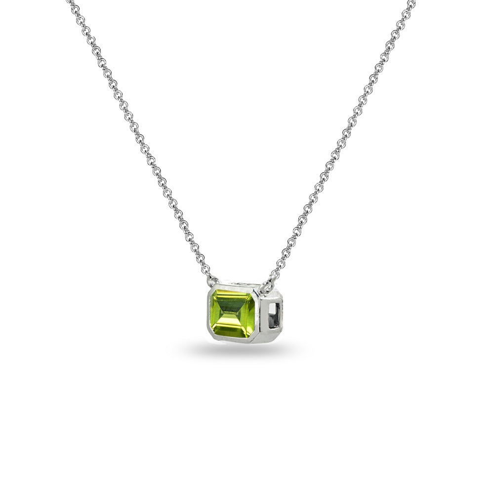 Sterling Silver Peridot 8x6mm Octagon-Cut Bezel-Set Solitaire Dainty Choker Necklace-2