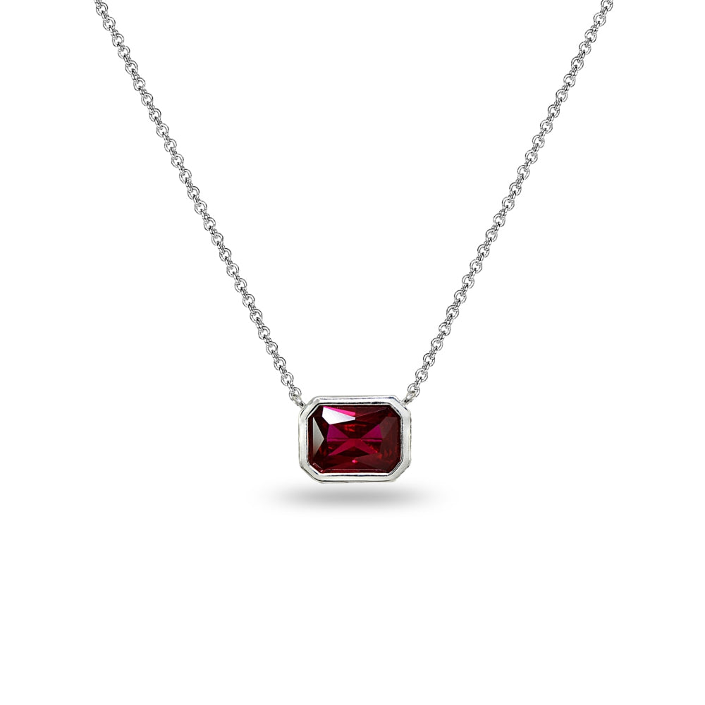Sterling Silver Created Ruby 8x6mm Octagon-Cut Bezel-Set Solitaire Dainty Choker Necklace