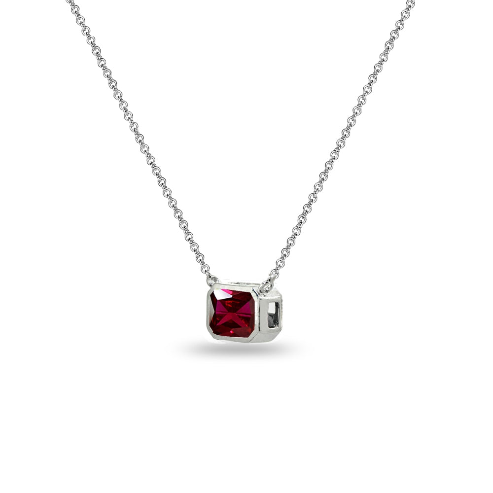 Sterling Silver Created Ruby 8x6mm Octagon-Cut Bezel-Set Solitaire Dainty Choker Necklace-2
