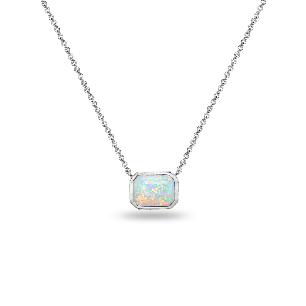 Sterling Silver Created White Opal 8x6mm Octagon-Cut Bezel-Set Solitaire Dainty Choker Necklace