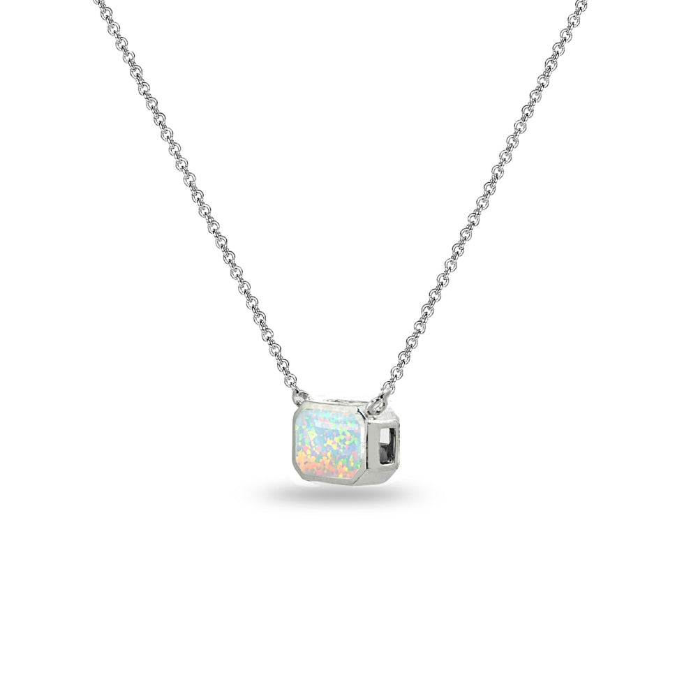 Sterling Silver Created White Opal 8x6mm Octagon-Cut Bezel-Set Solitaire Dainty Choker Necklace-2