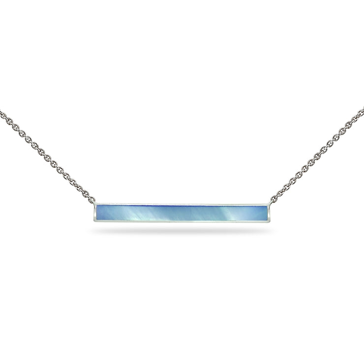 Sterling Silver Polished Blue Shell Inlay Horizontal Bar Dainty Necklace