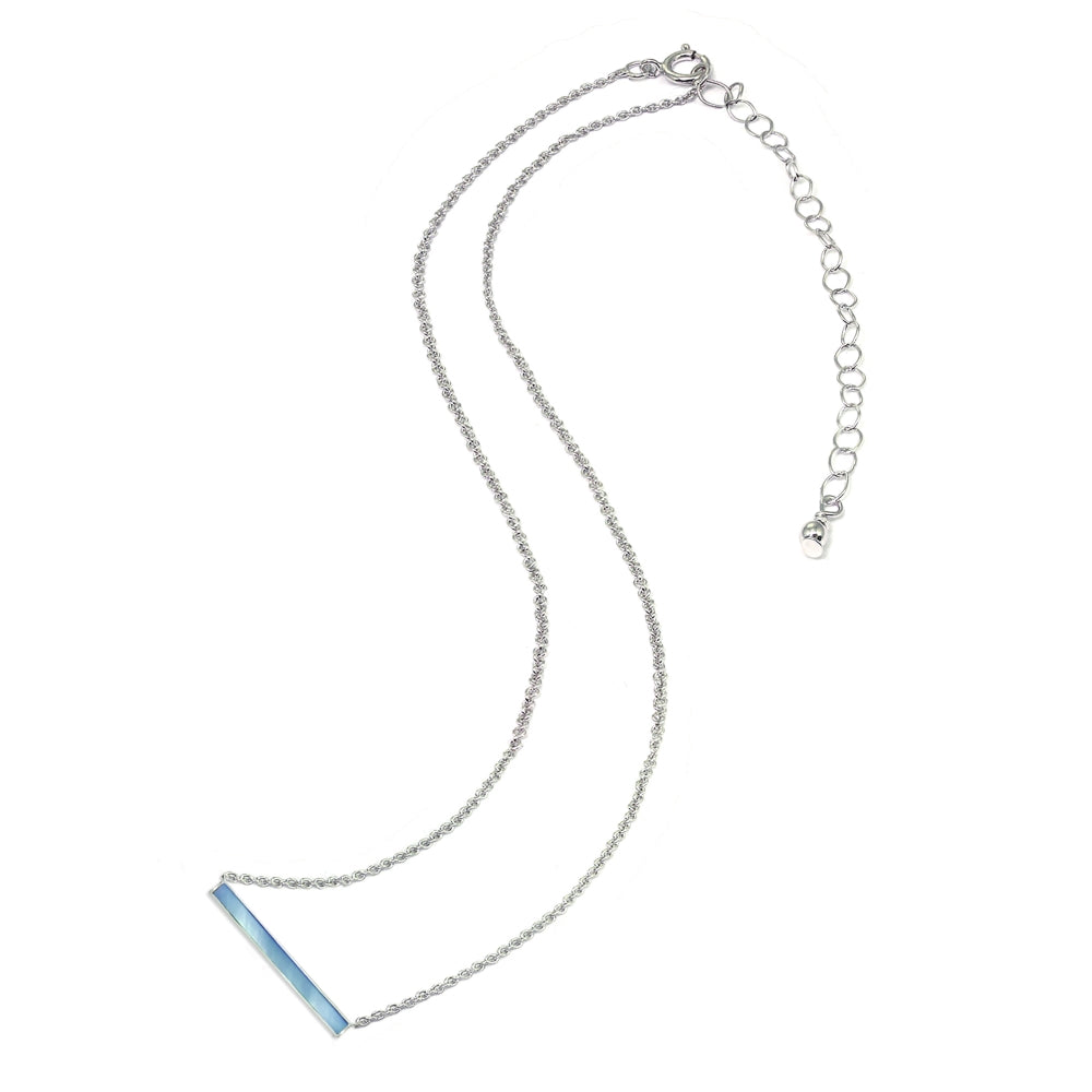 Sterling Silver Polished Blue Shell Inlay Horizontal Bar Dainty Necklace-2