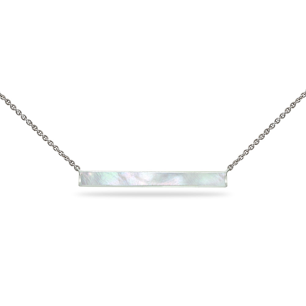 Sterling Silver Polished Mother of Pearl Inlay Horizontal Bar Dainty Necklace