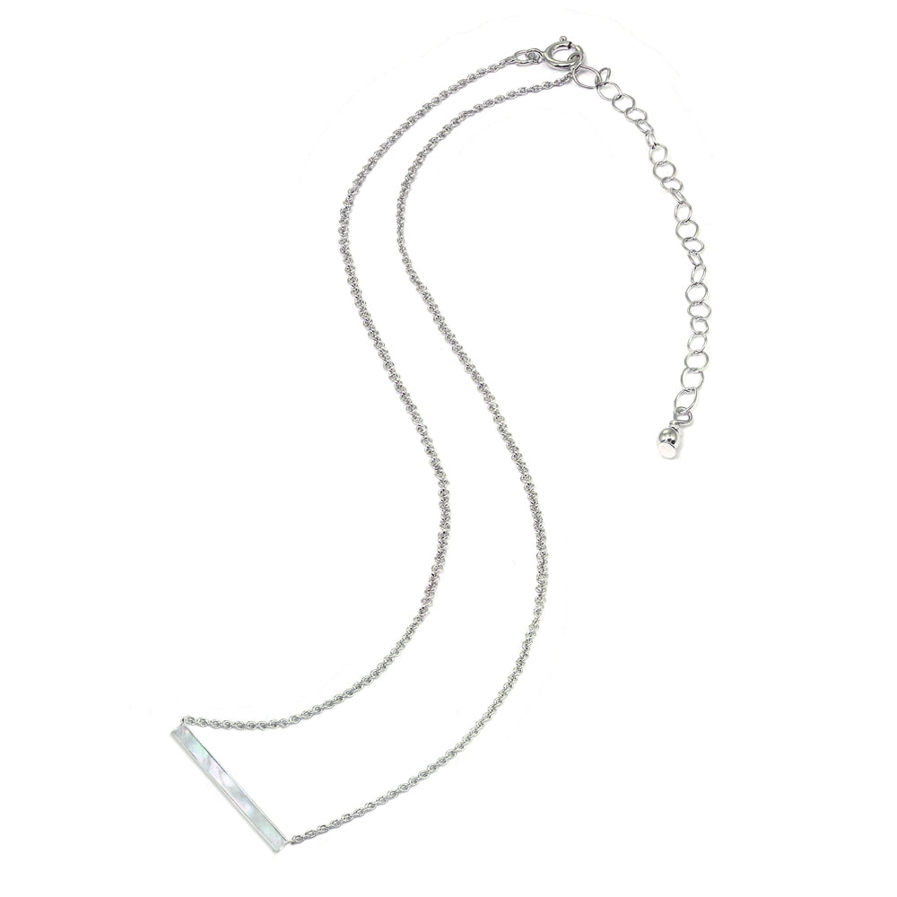 Sterling Silver Polished Mother of Pearl Inlay Horizontal Bar Dainty Necklace-2