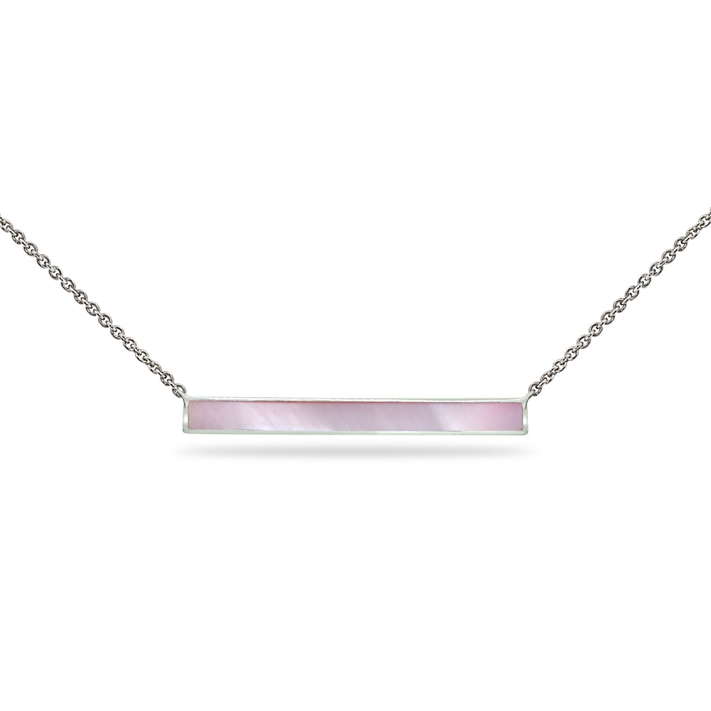 Sterling Silver Polished Pink Shell Inlay Horizontal Bar Dainty Necklace