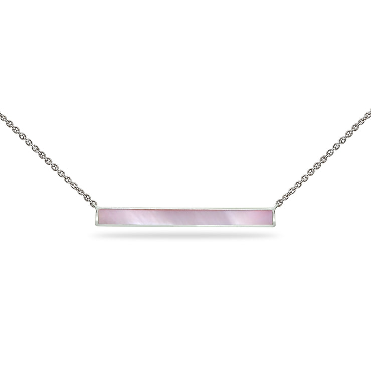 Sterling Silver Polished Pink Shell Inlay Horizontal Bar Dainty Necklace