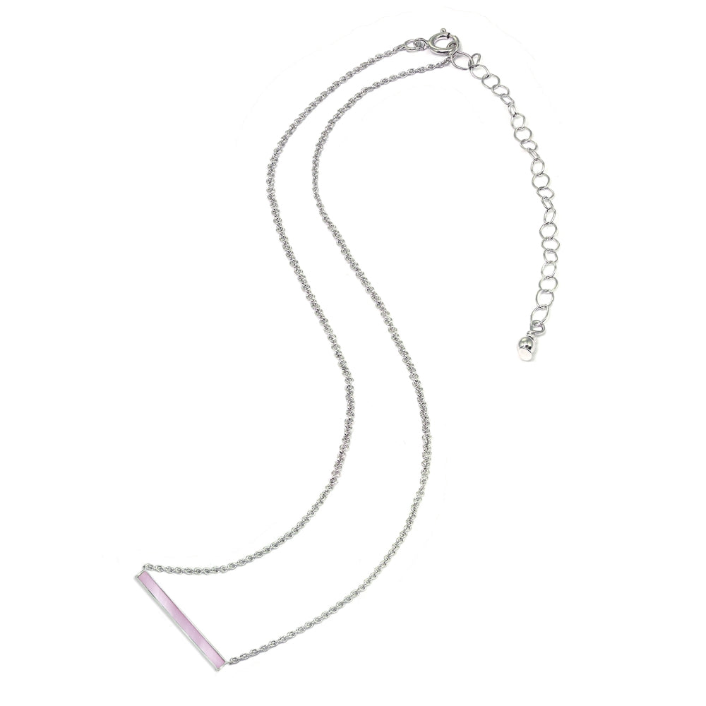 Sterling Silver Polished Pink Shell Inlay Horizontal Bar Dainty Necklace-2