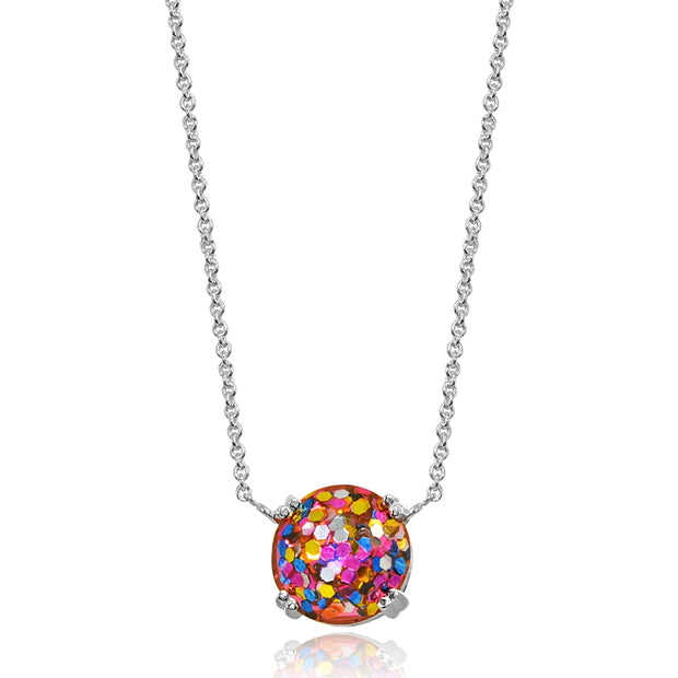 Sterling Silver Multi Color Glitter 10mm Round Dainty Necklace