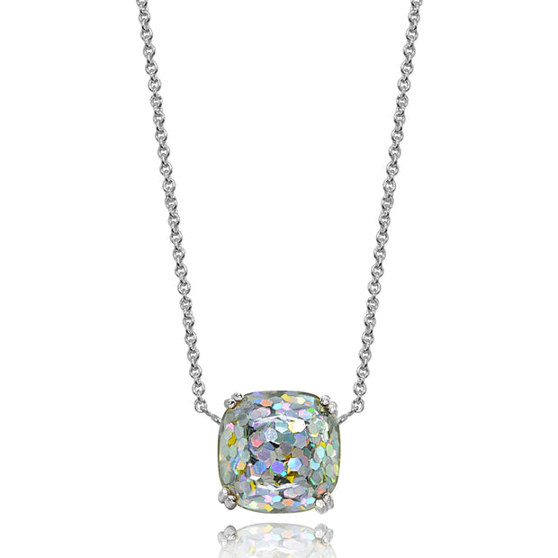 Sterling Silver White Glitter 10mm Cushion-Cut Dainty Necklace