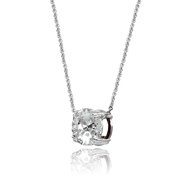 Sterling Silver Clear Crystal 10mm Round Solitaire Polished Dainty Necklace