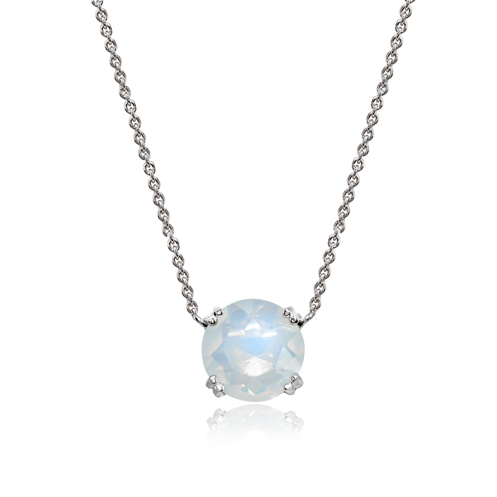 Sterling Silver Created White Opal 10mm Round Solitaire Polished Dainty Necklace