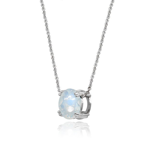 Sterling Silver Created White Opal 10mm Round Solitaire Polished Dainty Necklace