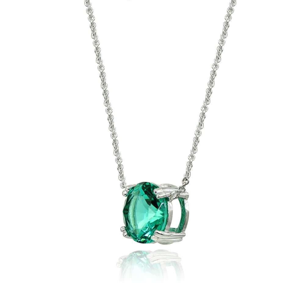 Sterling Silver Teal Glass 10mm Round Solitaire Polished Dainty Necklace-2