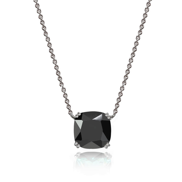 Sterling Silver Black Cubic Zirconia 10mm Cushion-Cut Solitaire Polished Dainty Necklace