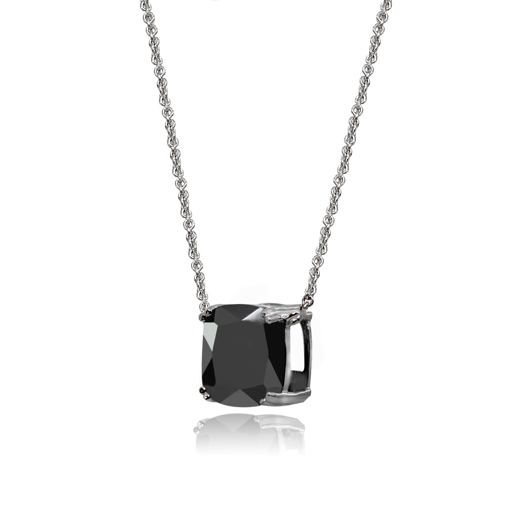 Sterling Silver Black Cubic Zirconia 10mm Cushion-Cut Solitaire Polished Dainty Necklace-2