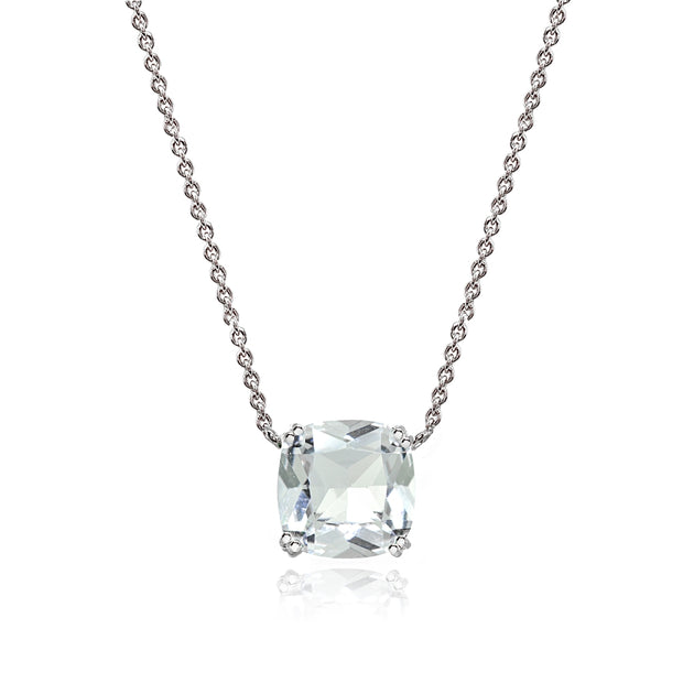 Sterling Silver Clear Crystal 10mm Cushion-Cut Solitaire Polished Dainty Necklace