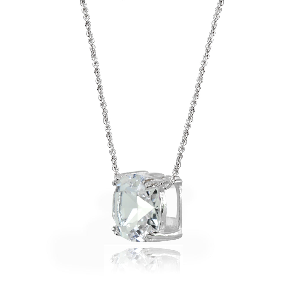 Sterling Silver Clear Crystal 10mm Cushion-Cut Solitaire Polished Dainty Necklace-2