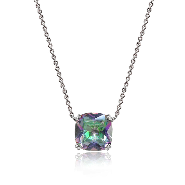 Sterling Silver Created Mult Colored Topaz 10mm Cushion-Cut Solitaire Polished Dainty Necklace