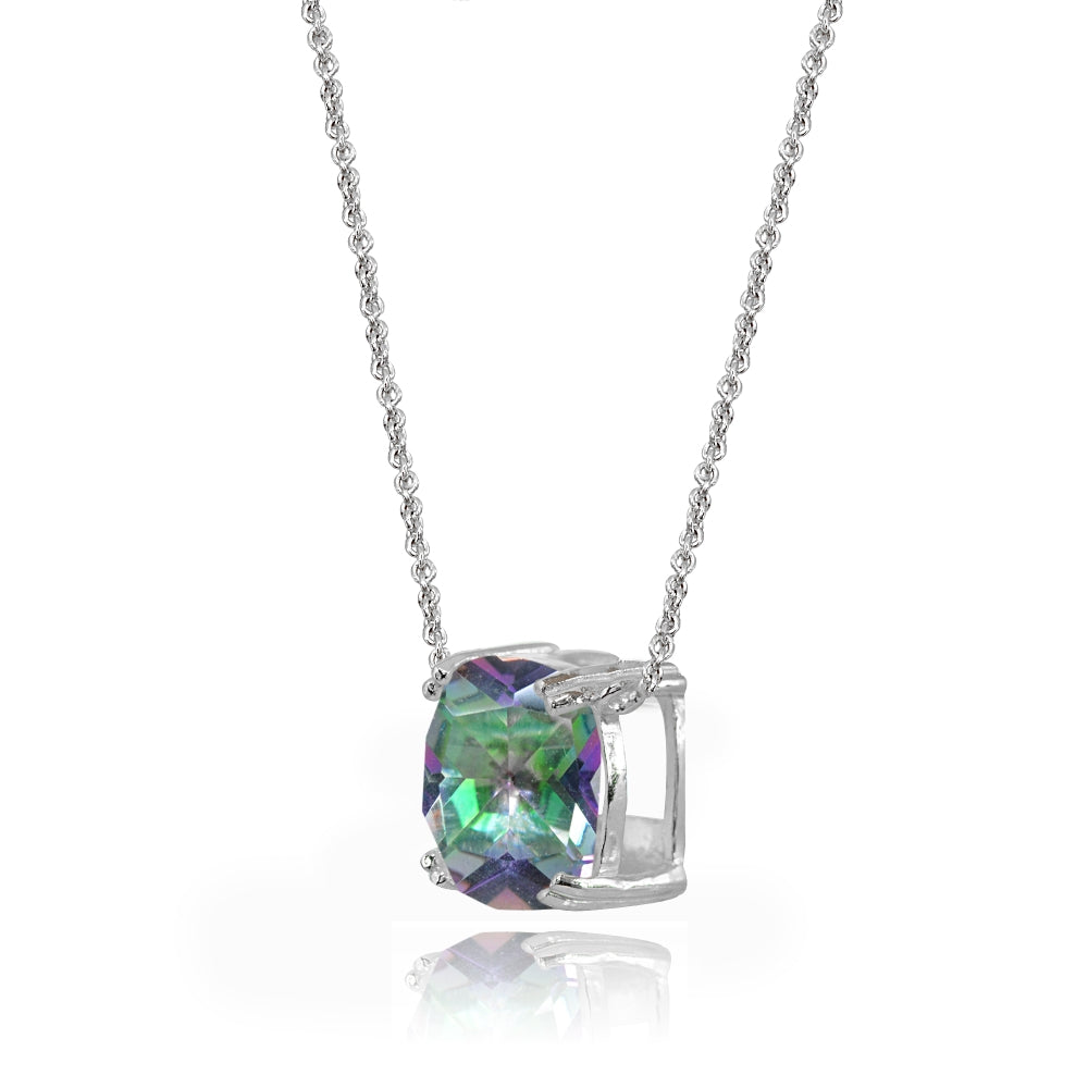 Sterling Silver Created Mult Colored Topaz 10mm Cushion-Cut Solitaire Polished Dainty Necklace-2