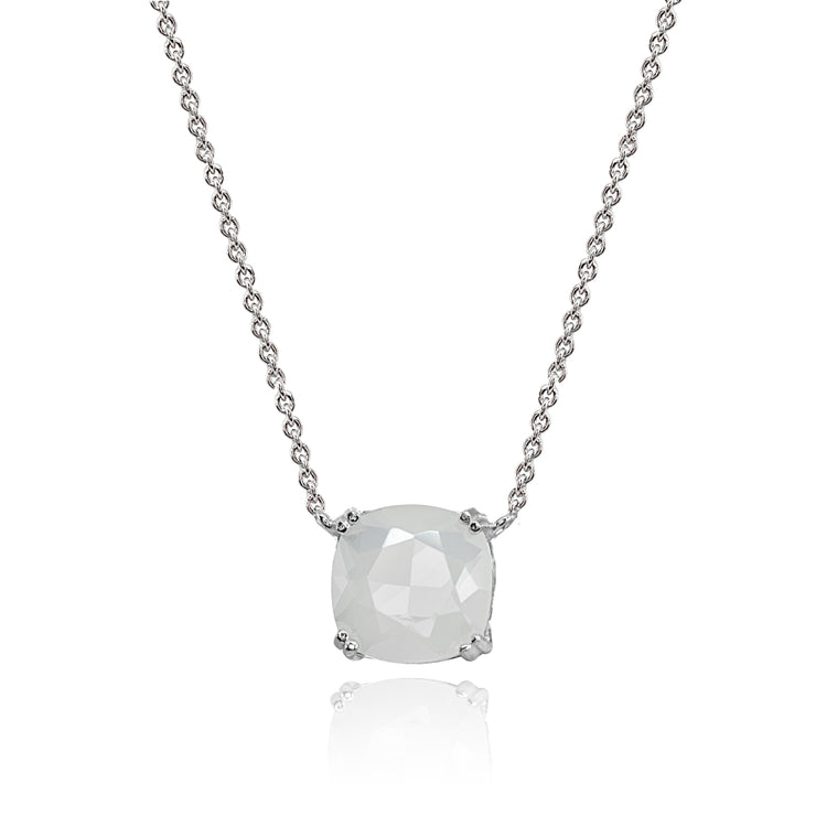 Sterling Silver Created White Opal 10mm Cushion-Cut Solitaire Polished Dainty Necklace