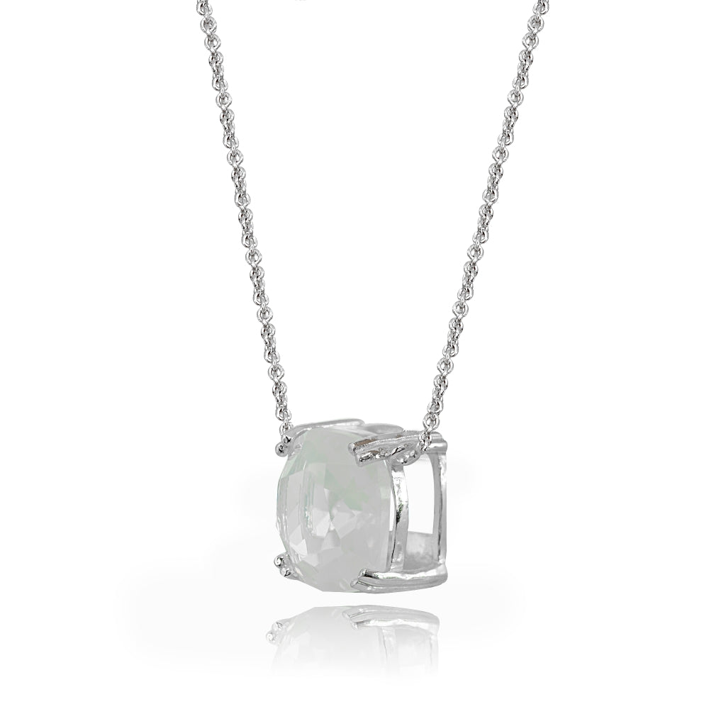 Sterling Silver Created White Opal 10mm Cushion-Cut Solitaire Polished Dainty Necklace-2