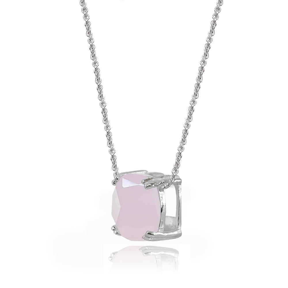 Sterling Silver Pink Crystal 10mm Cushion-Cut Solitaire Polished Dainty Necklace-2