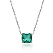 Sterling Silver Teal Glass 10mm Cushion-Cut Solitaire Polished Dainty Necklace