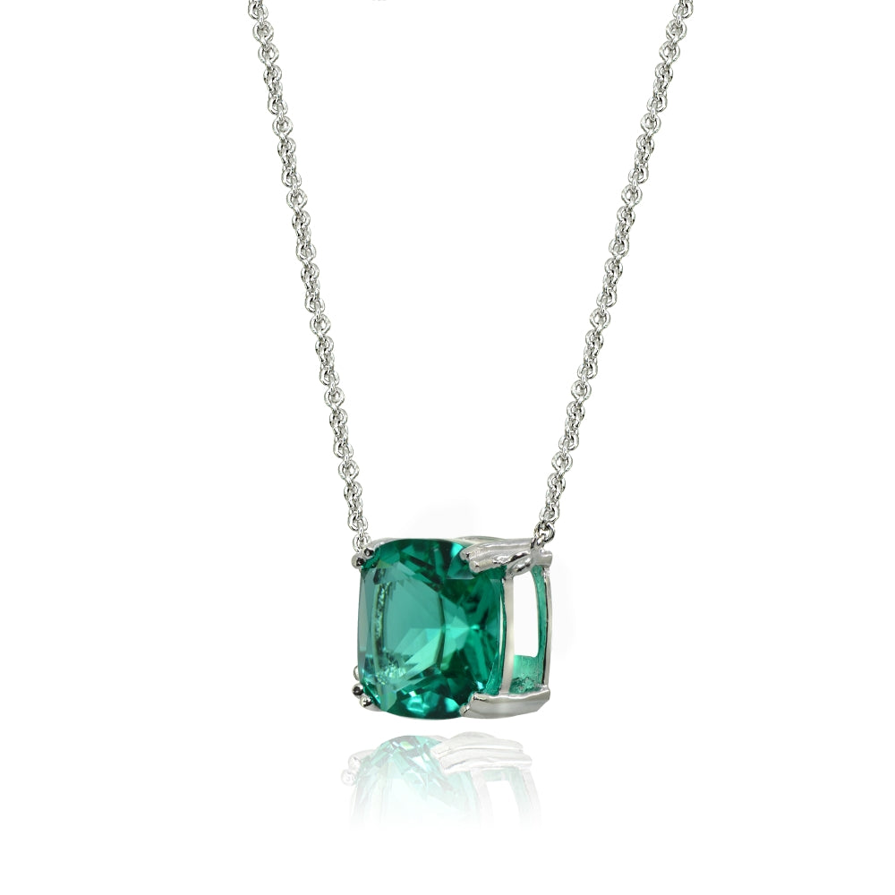 Sterling Silver Teal Glass 10mm Cushion-Cut Solitaire Polished Dainty Necklace-2