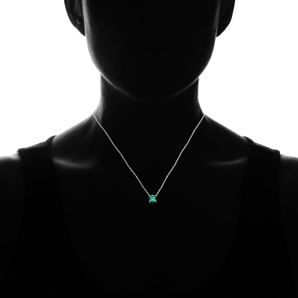 Sterling Silver Teal Glass 10mm Cushion-Cut Solitaire Polished Dainty Necklace-3